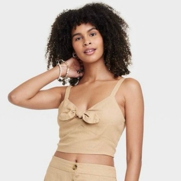 Universal Thread Tops - NWT Universal Thread Crop Top Womens M Wheatfield Tan Linen Tie Front Earthy